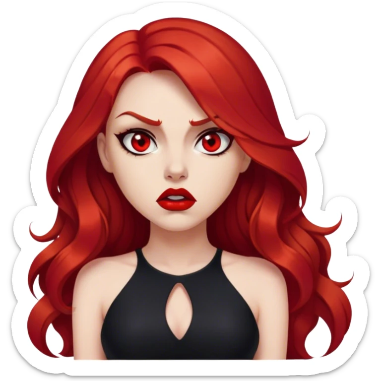 a beautiful very angry woman with long red hair and red eyes. The woman wear a black little cutted dress. She have red lipstick and she have a seductive look. Angry face sticker