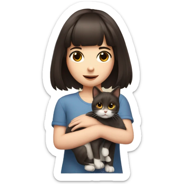 A pale girl with dark brown hair and dark brown eyes and bangs holds a cat in her hands and looks at her sticker