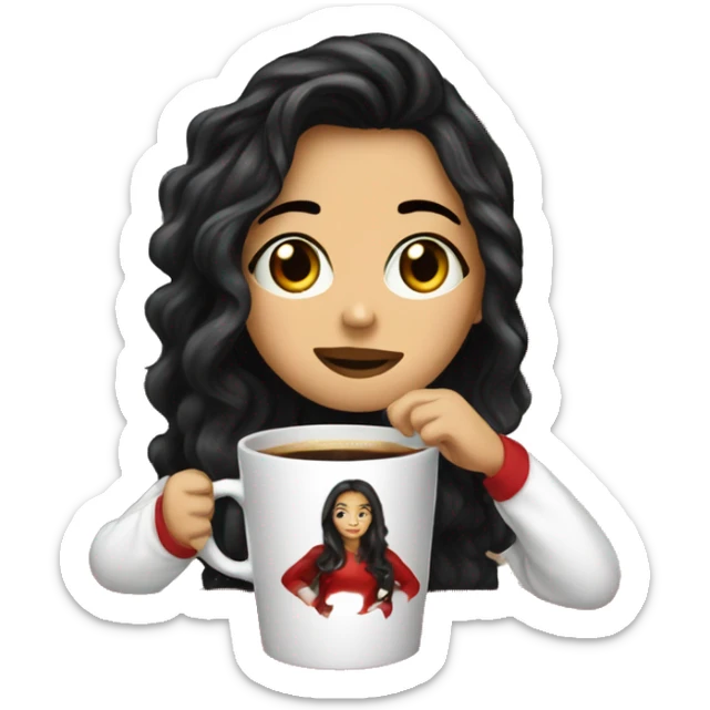 a white girl wirh a wavy black hair drinking coffe with ª christmas pijama  sticker