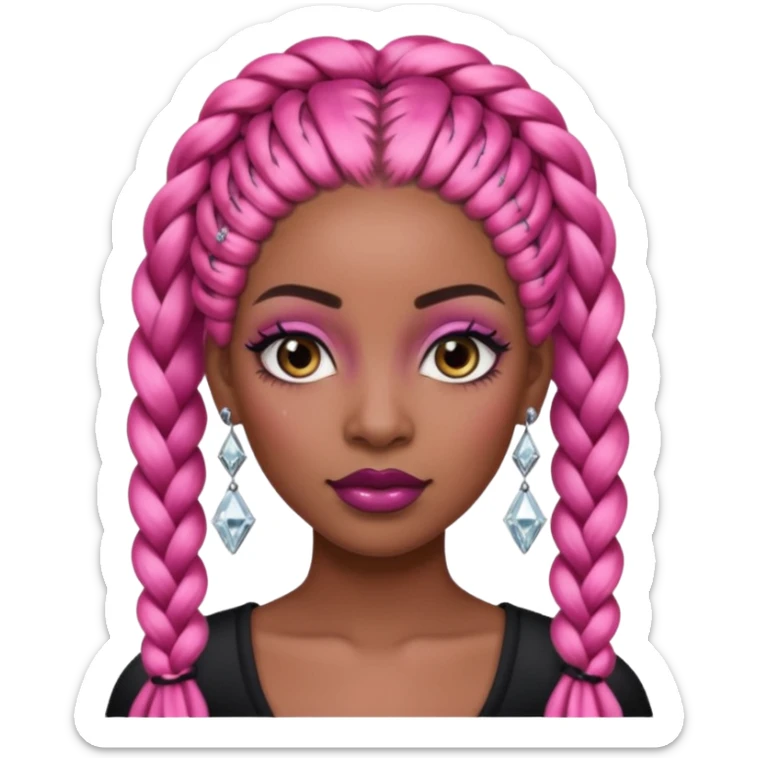 Attractive black woman with a wide face, dark makeup, Long pink braids and diamond earrings sticker