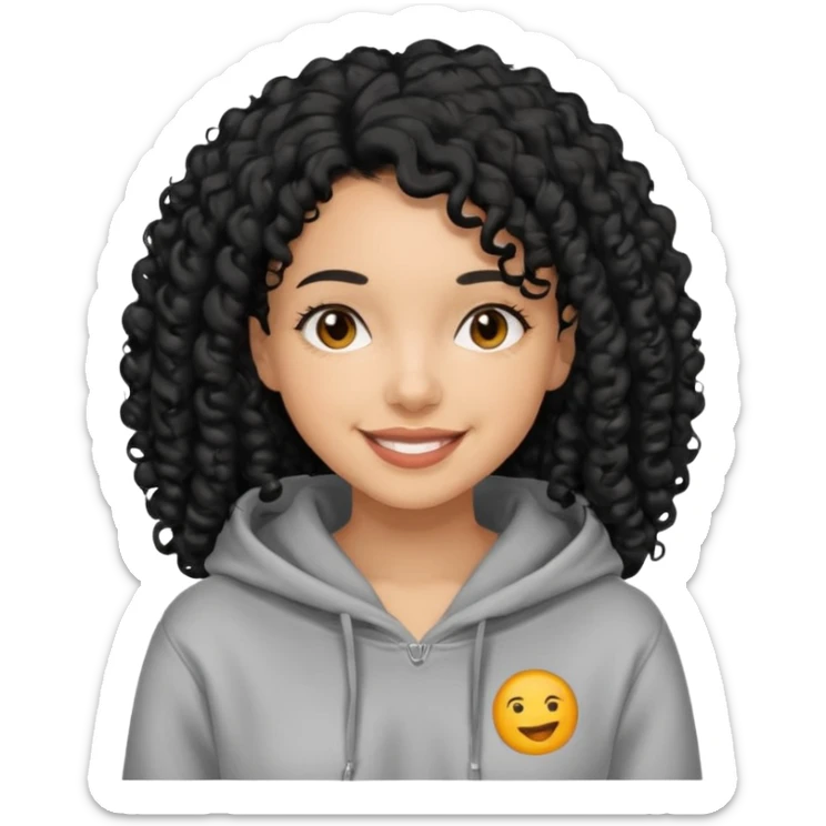 A women with a black curly hair who wear a hoodie and that hoodie have a some smorf sticker