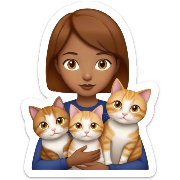 Asian girl, brown hair, brown eyes skin tone dark holding three cats one ginger, one yellow white one British short hair and cream colour sticker