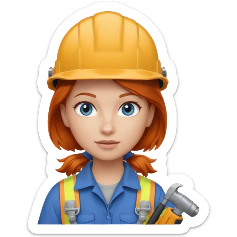 A ginger haired girl blue eyes, handyman Outfit, wearing a Helmet, with drill sticker