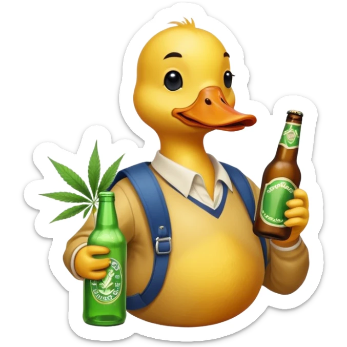 Drunk and high duck animal holding beed bottle and a bag of weed sticker