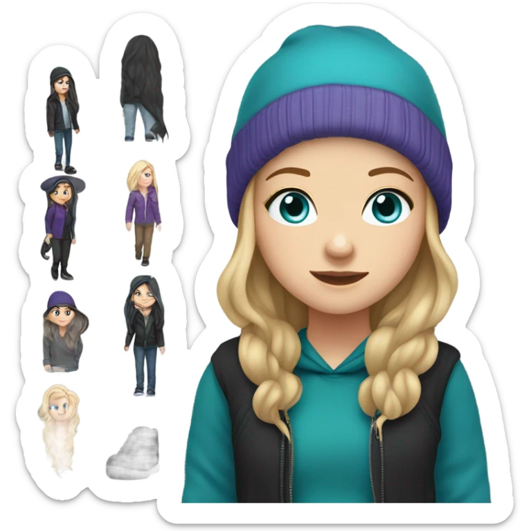 White girl, blue eyes, long teal hair, purple beanie hat, black hoodie, blue jeans, black shoes sticker