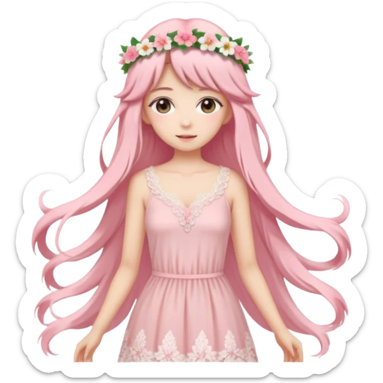 pastel anime woman with pink and white lace dress full body and long hair with flower crown sticker