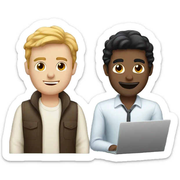 one white guy with black hair with laptop, plus one white guy with brown hair sticker