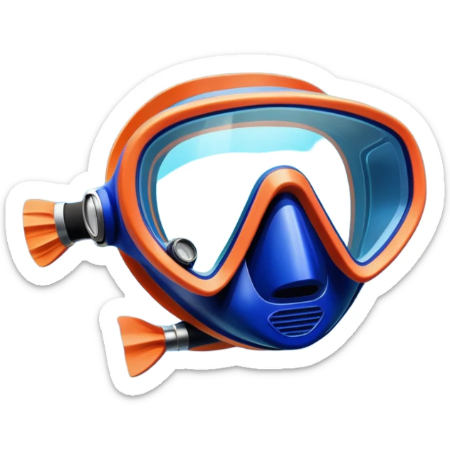 An icon featuring a close-up of a diving mask, snorkel, and fins floating on the surface of vibrant blue water. In the background, coral reefs and tropical fish create a lively underwater scene. Transparent background highlights the beauty and adventure of the diving experience. sticker