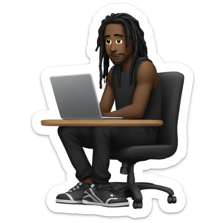 Black-guy-with-dreads-wearing-black-trackstuit-sitting-down-on-chair facing-foward-focused-on-laptop-computer- sticker