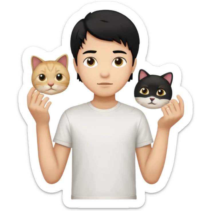 generate a pretty bratz emoji of a boy with black hair wearing a white tshirt and holding a cTCAT sticker