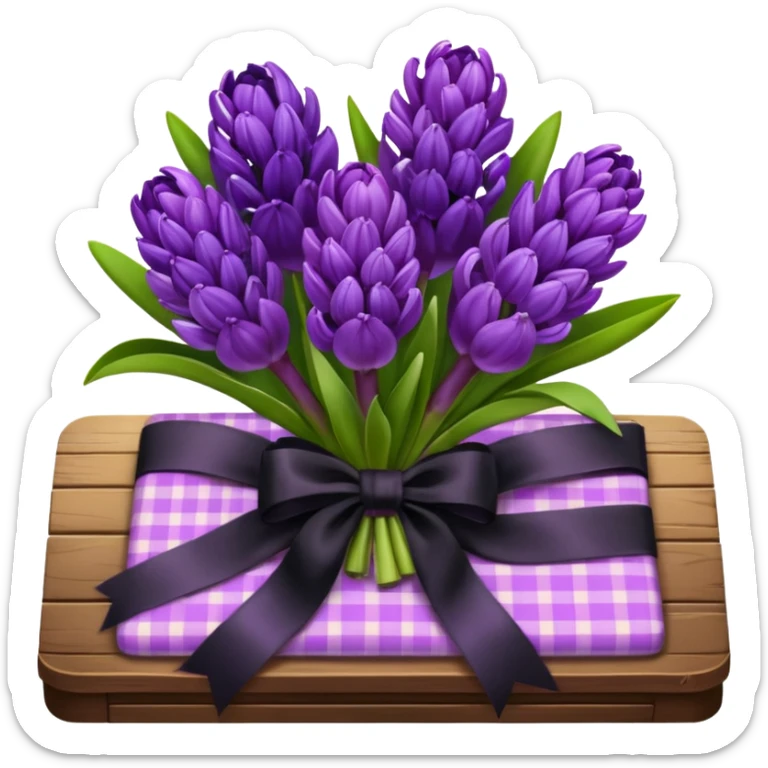 A lush bouquet of bright prple color Hyacinths black satin ribbon, resting on an antique wooden table, with a pale yellow and pink plaid pattern table cloth sticker
