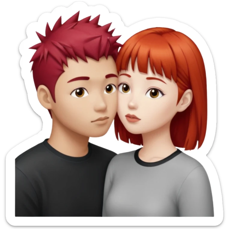 Asian Spiky short red hair  guy kissing redhead white girl with bangs sticker
