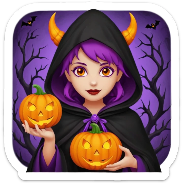 female-succubus-emoji,-red-skin,-purple-eyes,-elegant-face,-pumpkin-wreath-on-head,-black-hooded-cloak-with-cobweb-details,-holding-small-glowing-pumpkin-lantern,-halloween-fantasy sticker