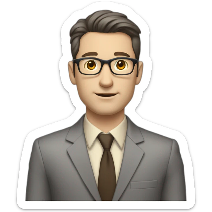Full height Pale skinned Fit Man With dark brown hair in classic gray suit, beige office shirt, dark gray tie, and vintage glasses. His hands lock sticker