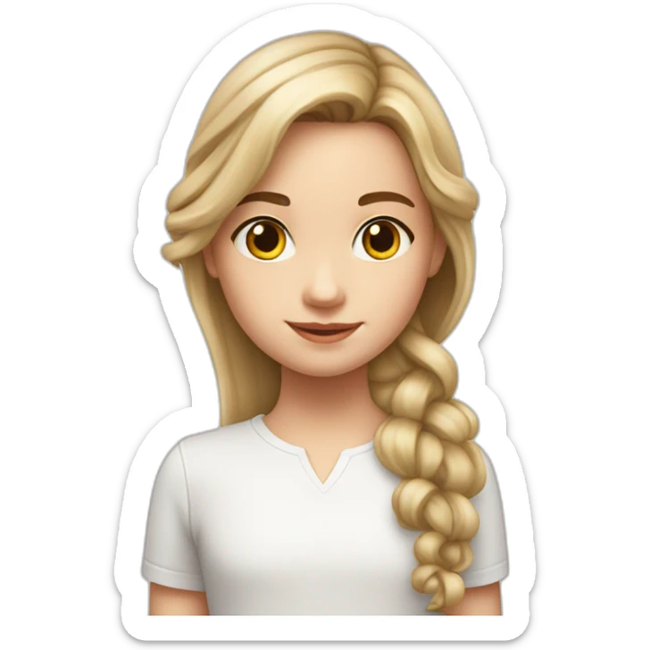 9 year old white girl with realy long brow waivy hair wearing a white shirt with black letters sticker