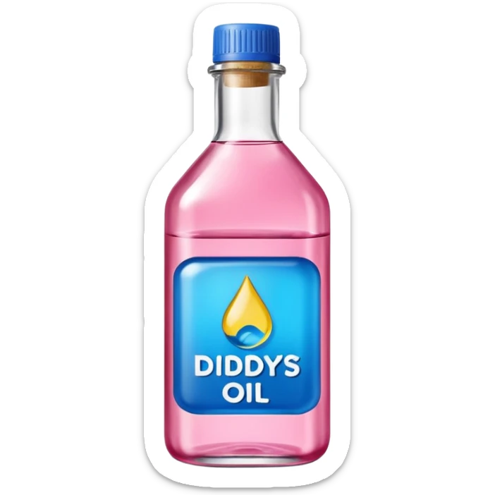 bottle of oil blue top pink outside with logo that says Diddys Oil sticker