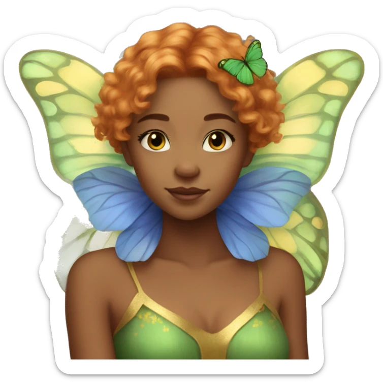 Beautiful, cornflower, fairy, green, gold, chest length ginger hair, big green and gold butterfly wings sticker
