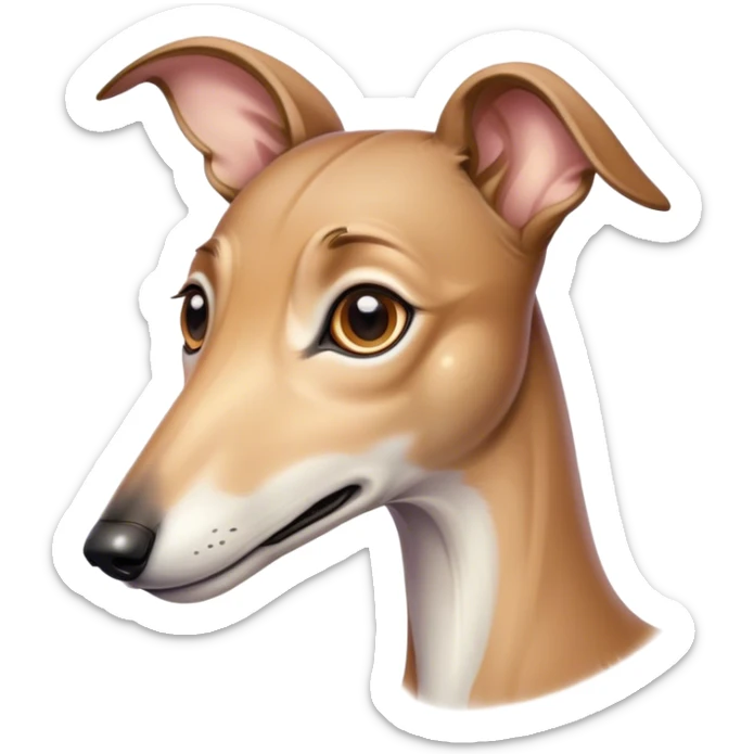 Cinematic Cute Fawn Greyhound Portrait Emoji, Head tilted playfully and inquisitively, featuring a sleek fawn Fur with a gentle sheen, round, sparkling eyes filled with curiosity, Simplified yet irresistibly adorable features, highly detailed, glowing with a warm, friendly glow, high shine, affectionate and nimble, stylized with a touch of whimsy, bright and endearing, soft glowing outline, capturing the essence of a mischievous yet loving racer, so playful it feels like it could sprint out of the screen and into your arms! sticker