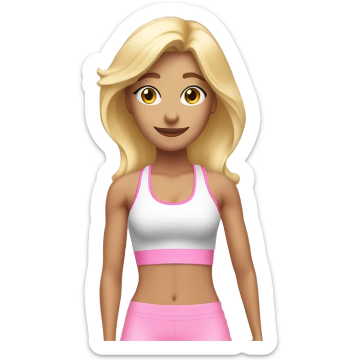 Blonde white fitness girl in light pink clothes with fitness mat sticker