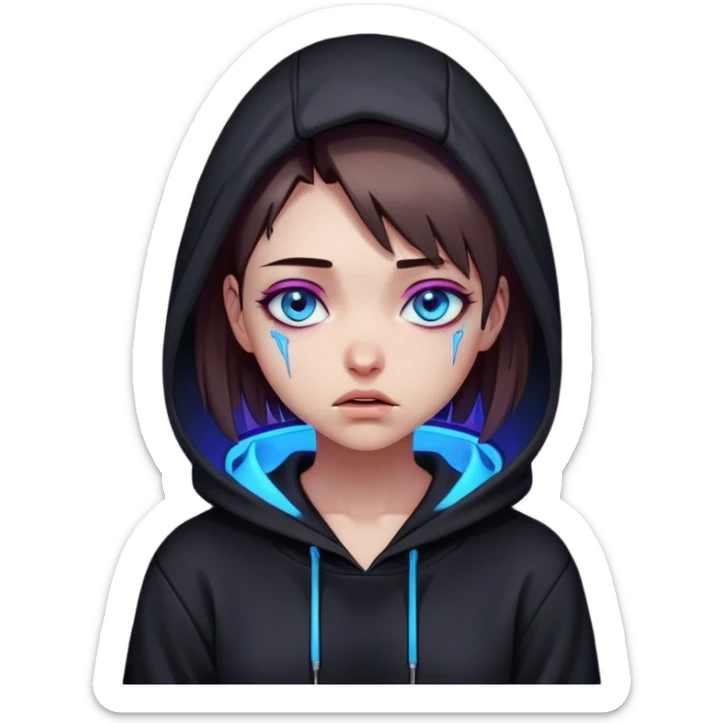 a girl with a brown bob and blue eyes in a black hoodie is crying Cyberpunk style. Violet neon. sticker