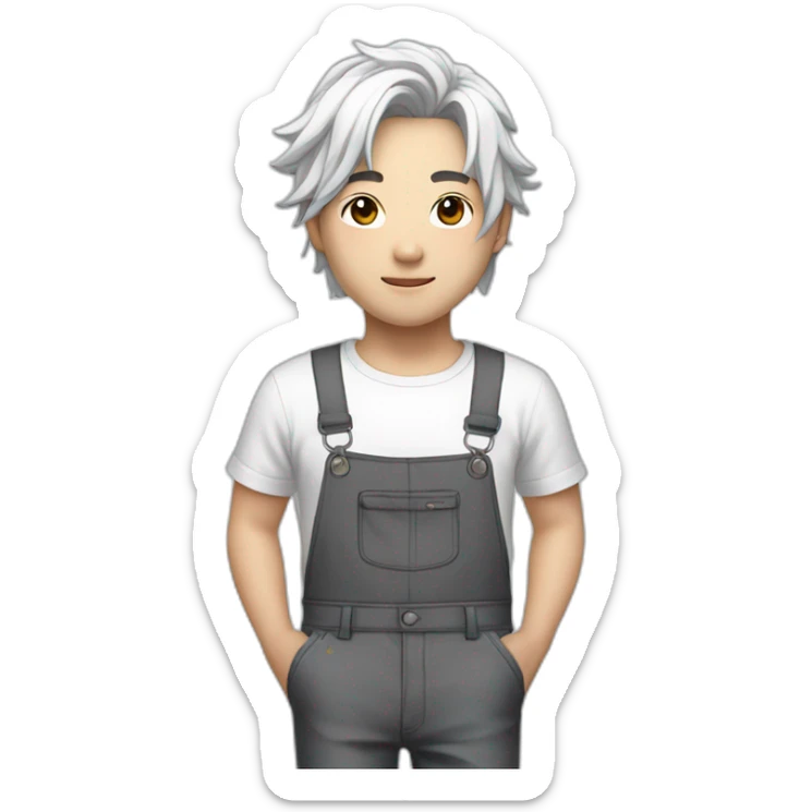 Chinese idol wearing white overalls and gray pants and black T-shirt with white hair sticker