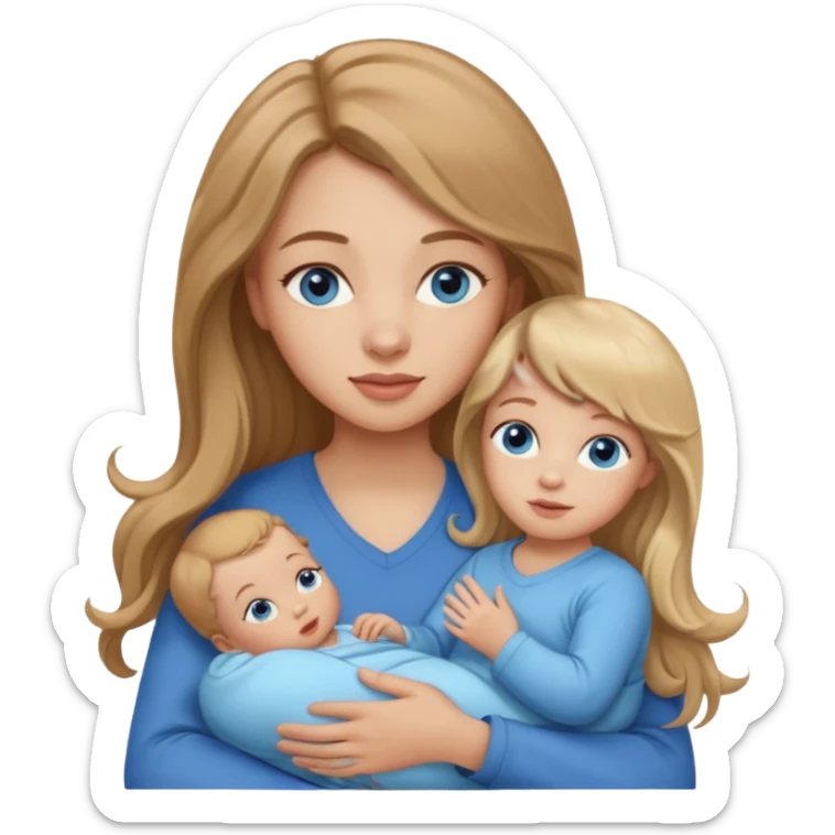 young woman with long straight light brown hair, side bangs, and blue eyes. She is holding a 1 year old baby girl with blond curly hair and blue eyes  sticker