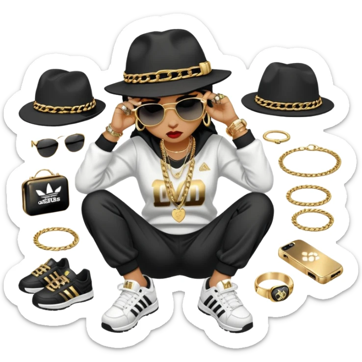 female cat wearing Run DMC hip-hop outfit with tracksuit, fedora, Adidas sneakers, dark sunglasses, many gold chains, rings, bracelets, flashy earrings, lying on the ground in distress, crying sticker