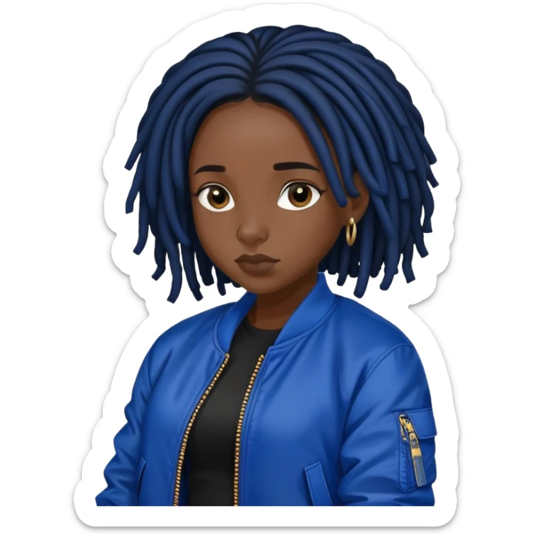 Black girl with black hair locs in black dress and royal blue bomber jacket sticker