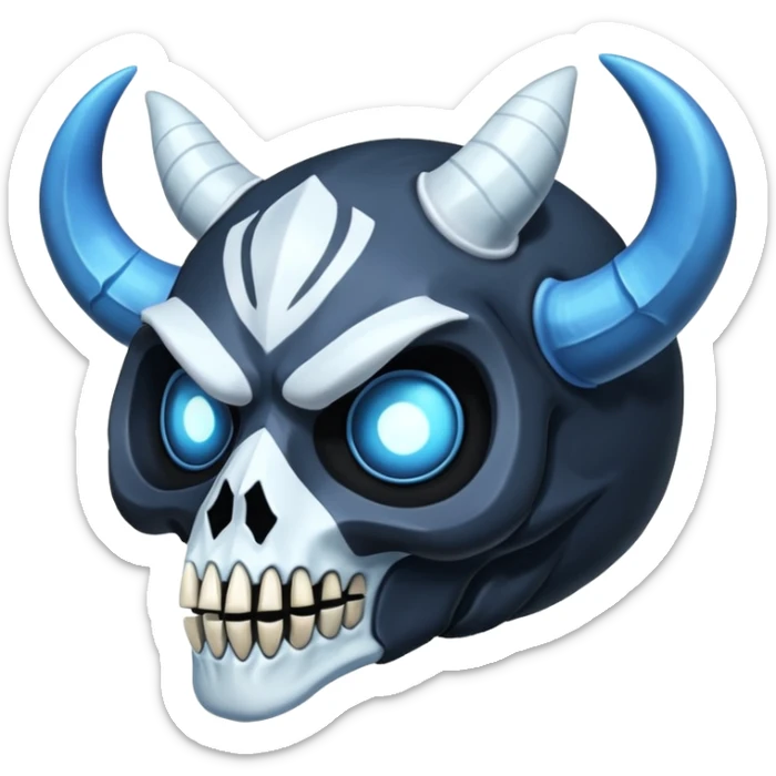 Shiny Dark Edgy  Duskull-Inteleon-Amaura-Fakémon-hybrid-creature (full body) with a horned animal-skull-mask sticker