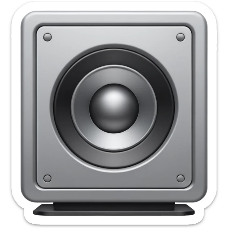 Minimal emoji icon of a modern metallic studio monitor, front view, detailed geometry, dark metallic body, subtle highlights, isolated sticker