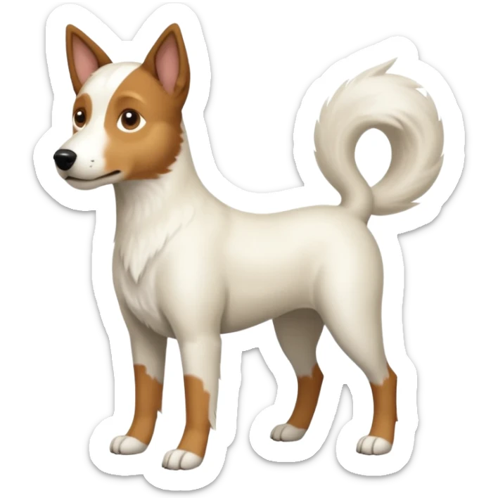 a full body white parsel russell looking dog the size of a kelpie with light brown ears and a light brown patch on one eye and a large snout sticker