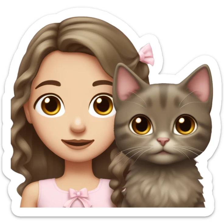 pale olive toned brunette girl with long brown wavy hair with brown eyes and wearing a light pink hair bow holding a black kitten also wearing a hair bow sticker