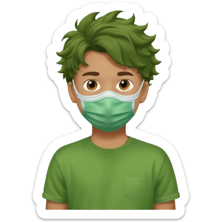 A teenage boy, tanned, wearing a green t-shirt , blue jeans and green sneakers with brown wavy tousled hair, , wearing a green cloth face mask sticker