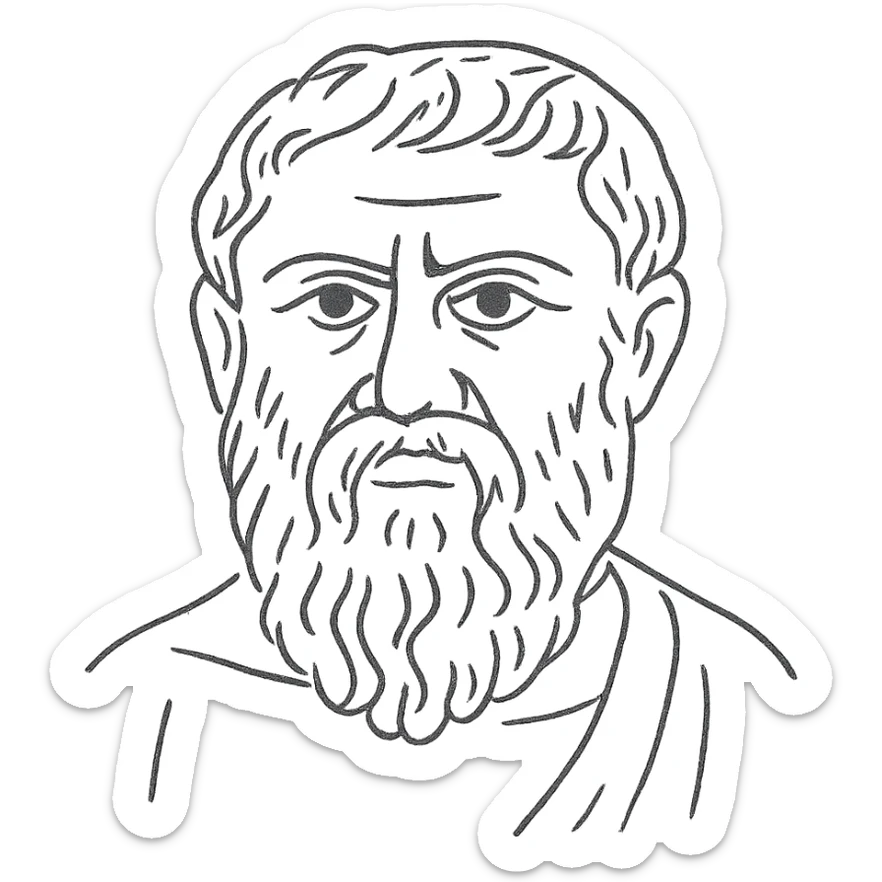 a hand drawn black outline portrait of Plato with similar-sized eyes based a famous portrait of him sticker
