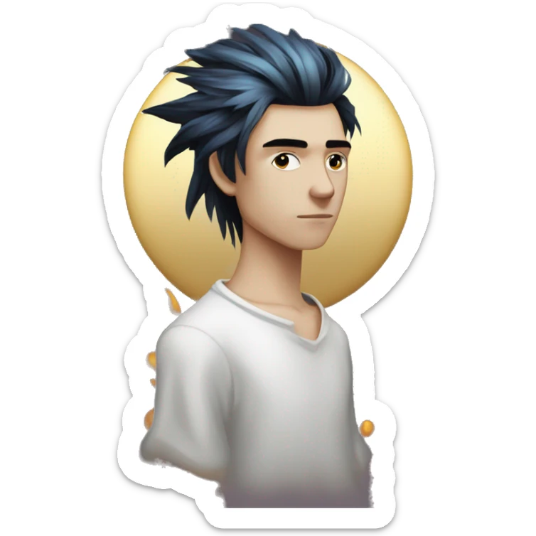 Hamlet young skinny sad man iridescent hair wearing raven feathers and golden flames yin yang chess board sticker