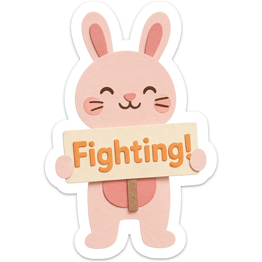 Make sure the paper-craft style full-body rosy bunny holding the 'Fighting!' signboard has smooth, uncracked hands. Keep the signboard and the rest of the design the same. sticker