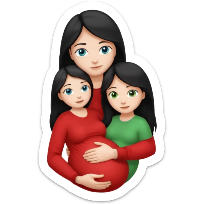 Make a couple emoji they are 18. The girl has long black hair and blue eyes and is hugging a pregnant boy with light brown hair and green eyes they are both wearing red top. They are both white  sticker