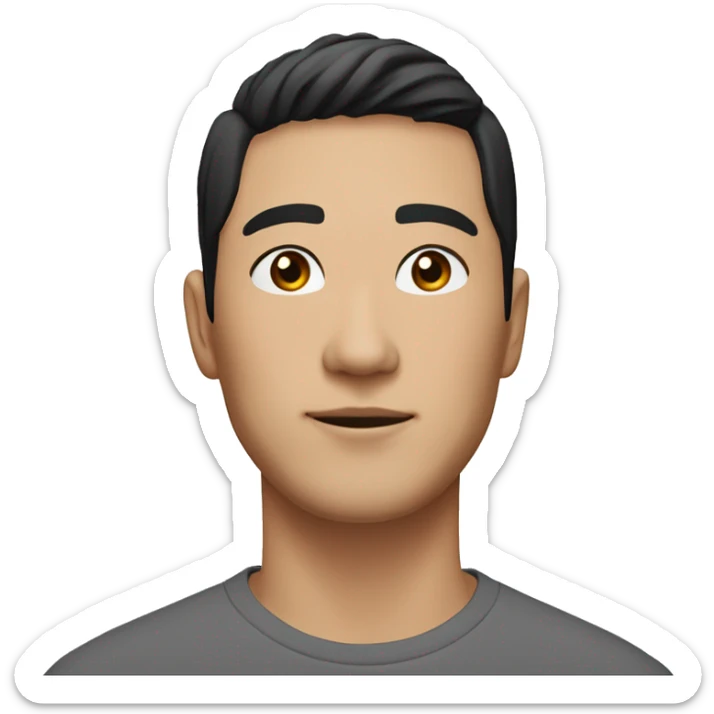 A head and shoulders shot of a 33 year old East Asian man, with short black hair,   with brown eyes wearing a t-shirt. sticker