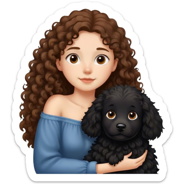 a girl with long brown curly hair and a black fluffy dog is lying on her left shoulder and neck sticker