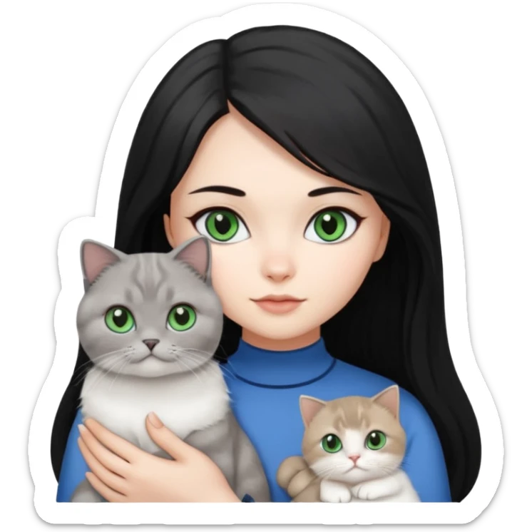 Black long hair, white skin, pretty black eyes, a woman with a gray Scottish fold green eye cat and a white blue eye cat
 sticker