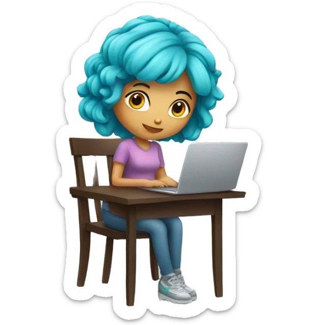 beautiful girl with cyan hairs sitting on a chair and working on a laptop sticker