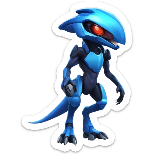 a black-blue Genesect-Raptor-Fakémon—hybrid with a futuristic visor-helmet full body sticker