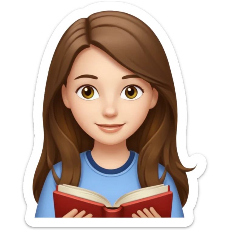 happy white long brunette hair girl with hazel eyes wearing light reading a book  sticker