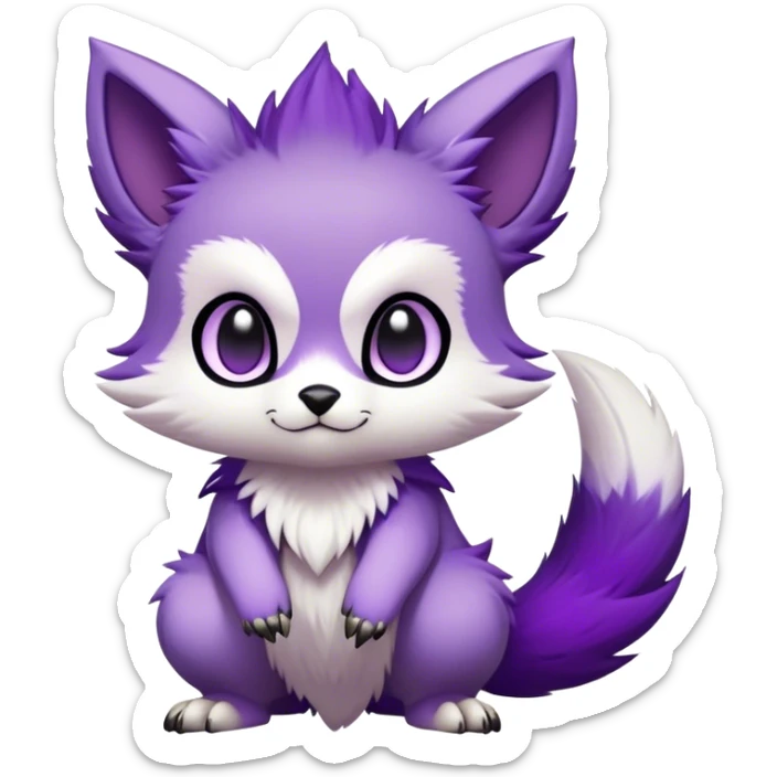  High quality Cute Cool Kawaii edgy Chibi Fur-Sona Purple fur, white belly, white tail tip, Fakemon-creature-animal-vernid-hybrid Full Body, facial markings sticker