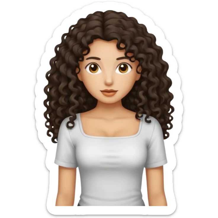 A tan girl with SUPER long dark curly hair and a square neckline shirt sticker