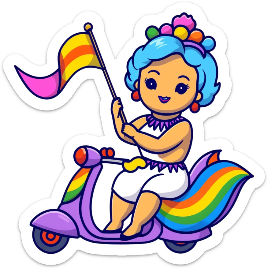drag queen riding a whimsical alebrije, holding an LGBTQ flag, cartoonish sticker style sticker