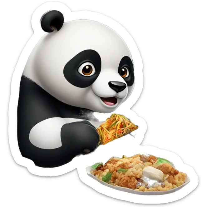 A panda eating chinese food and wearing boxing gloves sitting in a huge train sticker