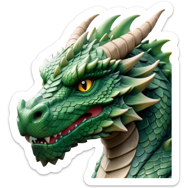 Cinematic Noble Giant Green scaled Dragon Portrait Emoji, Poised and awe-inspiring, with a massive, rugged form carved from ancient stone, featuring intricately textured scales that resemble weathered granite and basalt, and piercing, stony eyes echoing the strength of timeless mountains; rendered with lifelike detail and earthy natural highlights, high shine, formidable and grounded, styled with an aura of primordial majesty, focused and resolute, soft glowing outline, capturing the essence of an enduring rock titan ready to surge from the screen with ageless power! sticker