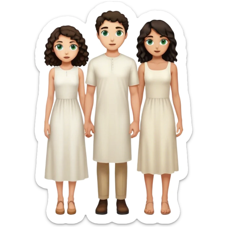 One tall man with light skin, green blue eyes, short straight dark hair and one girl with tan skin and long curly dark hair and brown eyes wearing a white midi dress  sticker