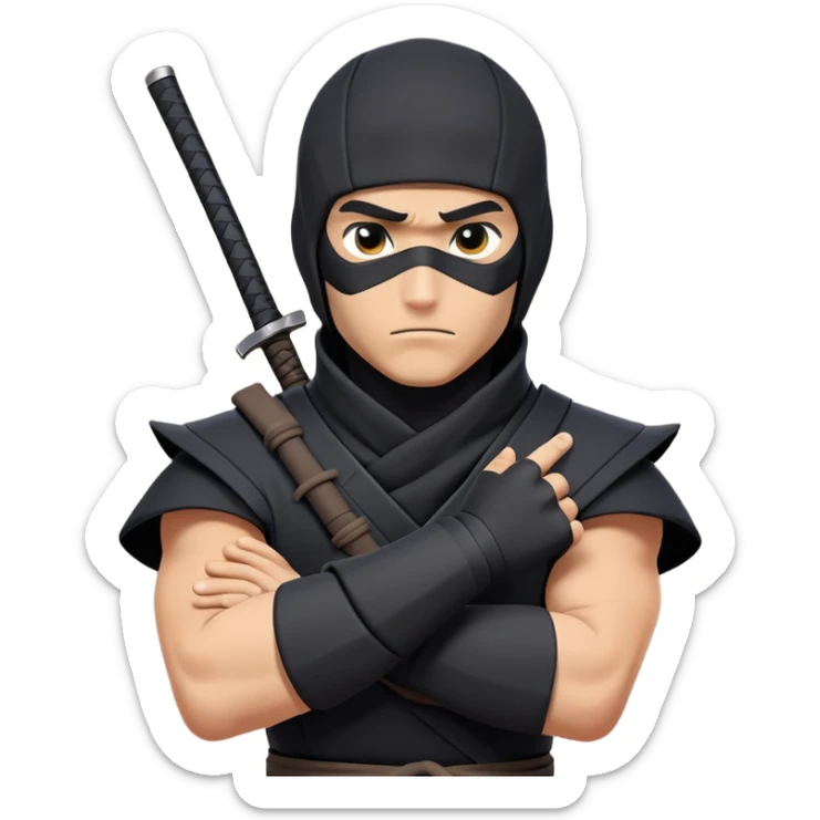 clash-of-clans-aesthetic_-cinematic-mysterious-male-ninja-portrait-emoji, rendered in a flat, vector-style with minimal shading and bold, simplified shapes, his arm is stretched out  with a head slightly turned revealing intense, focused eyes. the ninja has his arm out and perched on top of his forearm is  a black crow sticker